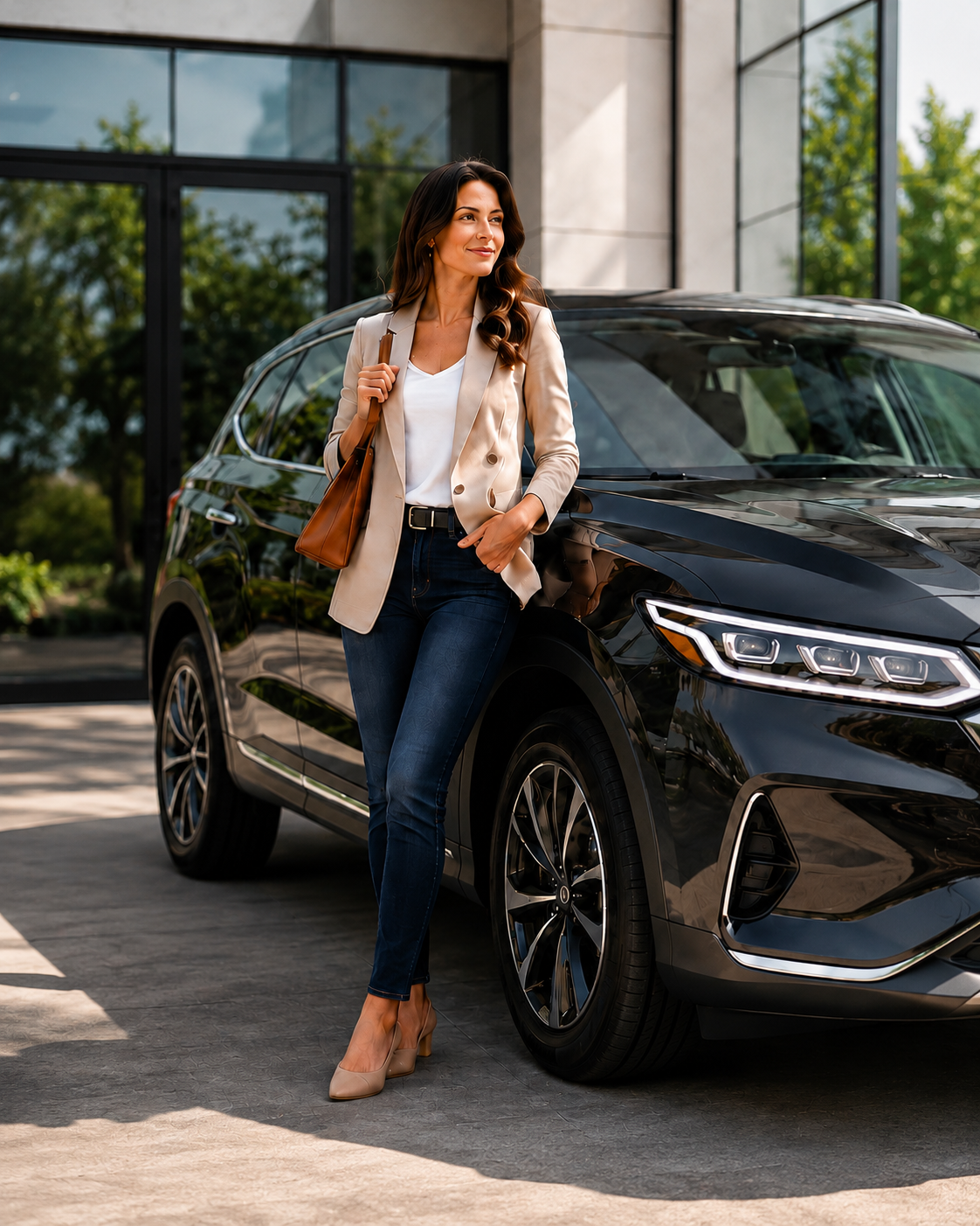 Confident driver standing beside a modern SUV